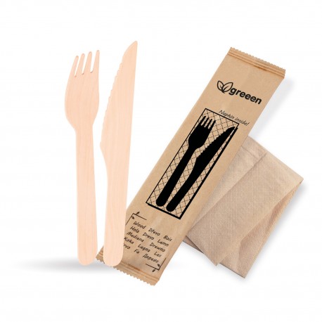 Dřevěný nůž + vidlička hygienicky balené/50ks 40031