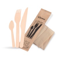 Dřevěný nůž + vidlička + kávová lžička hygienicky balené/50ks 40035