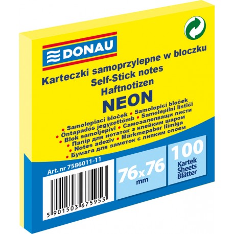 Samolepicí bloček Donau 76x76mm 100 listů neonově žlutý