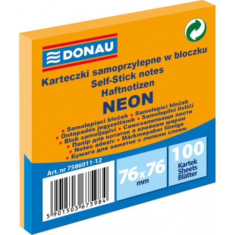 Samolepicí bloček Donau 76x76mm 100 listů neonově oranžový