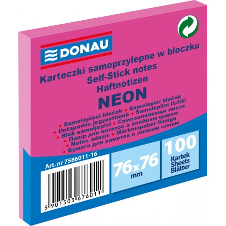 Samolepicí bloček Donau 76x76mm 100 listů neonově růžový